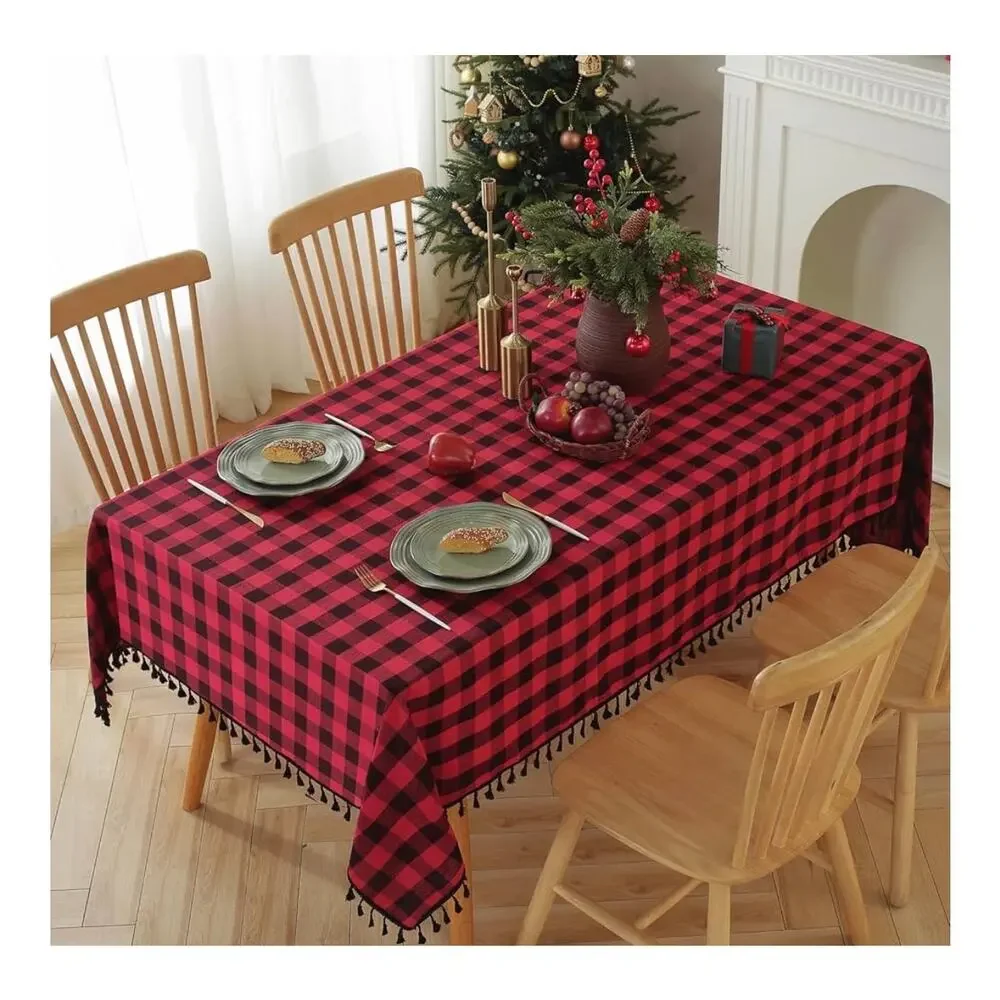 Alsoo Red Checkered Tablecloth Rectangle‎ Cotton Linen Fabric 55x75